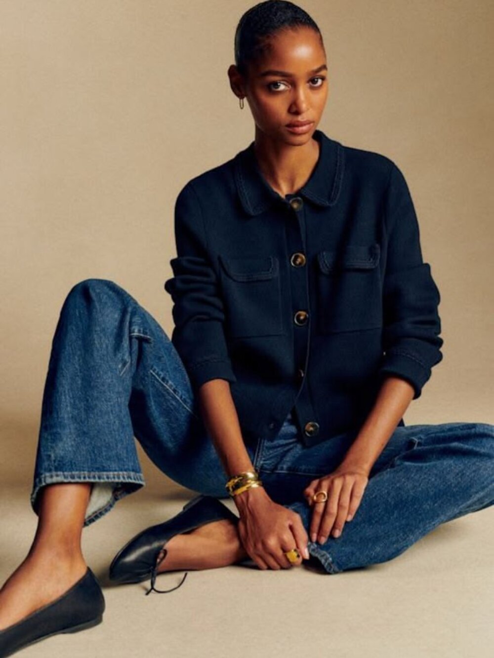 Sezane Navy Betty Cardigan Size Medium 100% Merino Wool